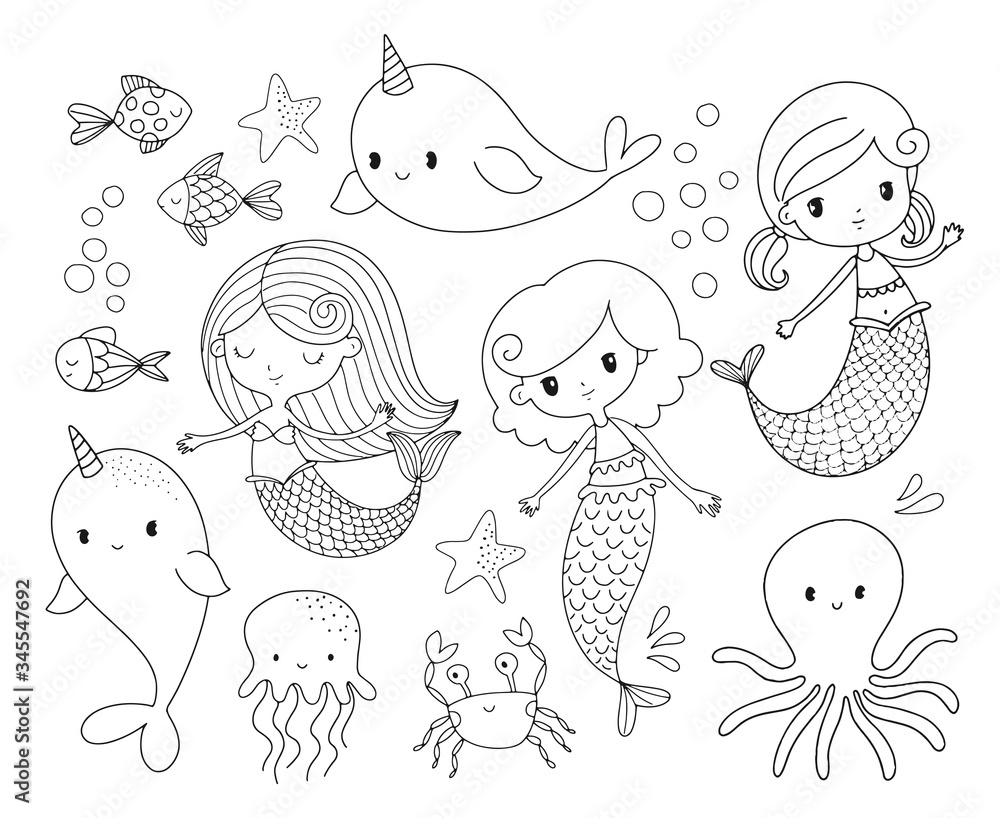 Cute Mermaid Coloring Page In Black And White Little Mermaid Sea Creatures And Other Under The Sea Elements Vector Illustration Collection Stock Vector Adobe Stock