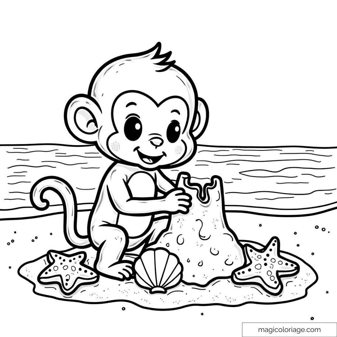 Cute Monkey At The Beach Coloring Page For Kids