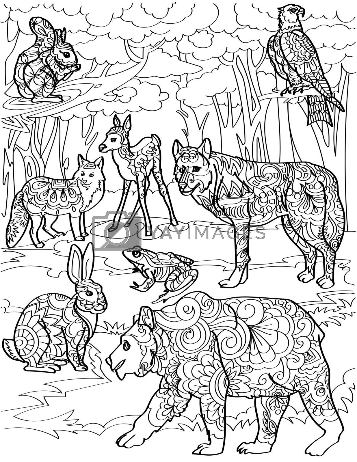 Different Forest Creatures Deer Fox Wolf Bear Rabbit With Tree Background Line Drawing Multiple Wild Animals Eagle Frog In Jungle Backdrop Coloring Book Page By Nialowwa Vectors Illustrations With Unlimited Downloads 