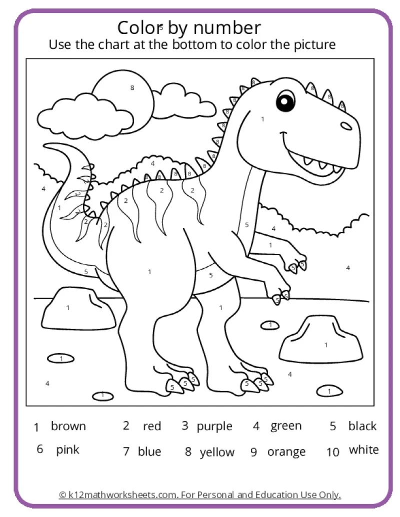 Dinosaur Color By Number Pages K12 Math Worksheets