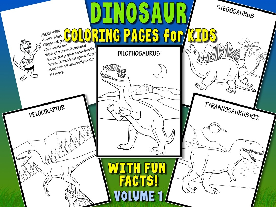 Dinosaur Coloring Pages With Fun Facts Volume 1 Dinosaur Printables Dinosaur Activities Printable Coloring Pages Dinosaur Party Etsy