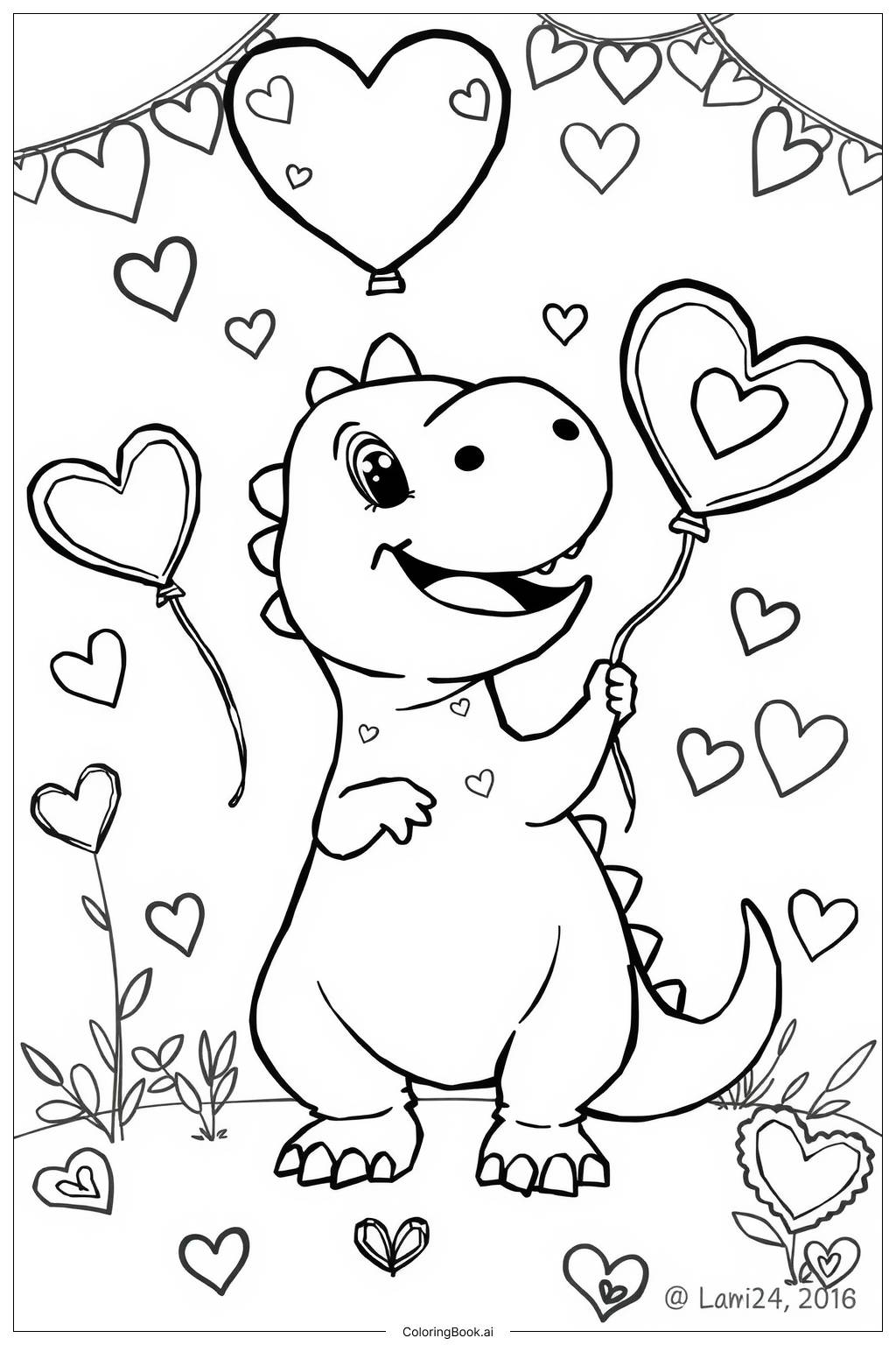 Dinosaur Valentine Heart Coloring Page Free PDF PNG Printable 
