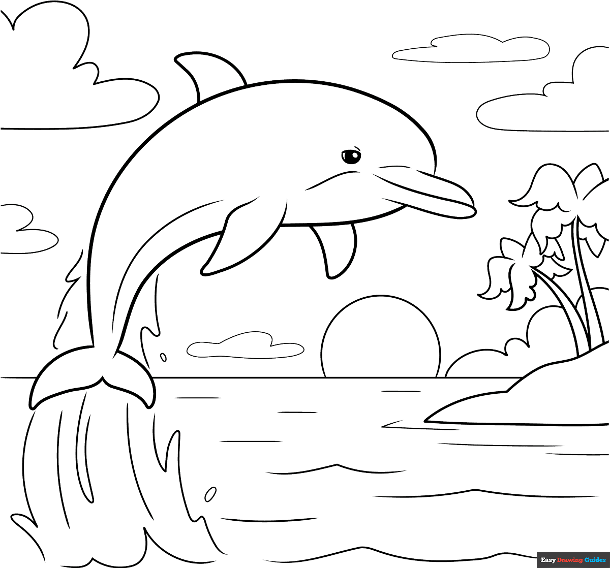 Dolphin In Sunset Scenery Coloring Page Easy Drawing Guides