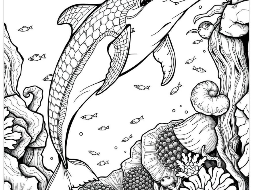 Dolphin Swimming In Crystal Clear Water Coloring Page Free PDF PNG Printable