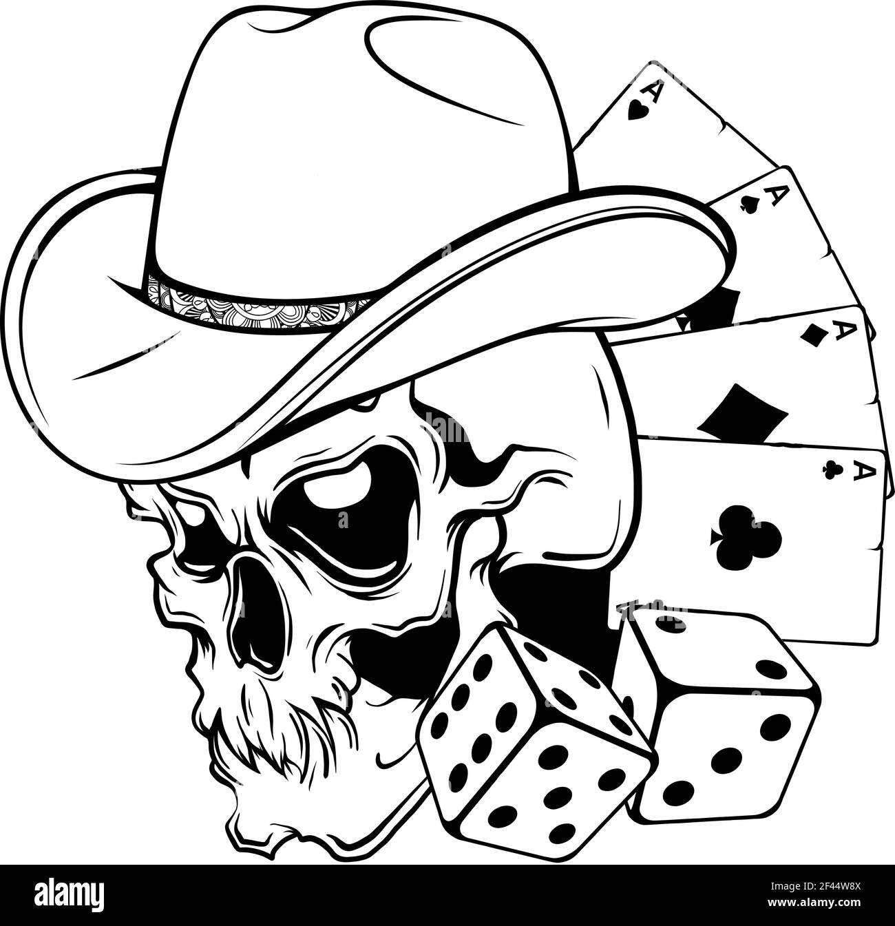 Draw In Black And White Of Cowboy Skull With Poker Ace And Dice Stock Vector Image Art Alamy