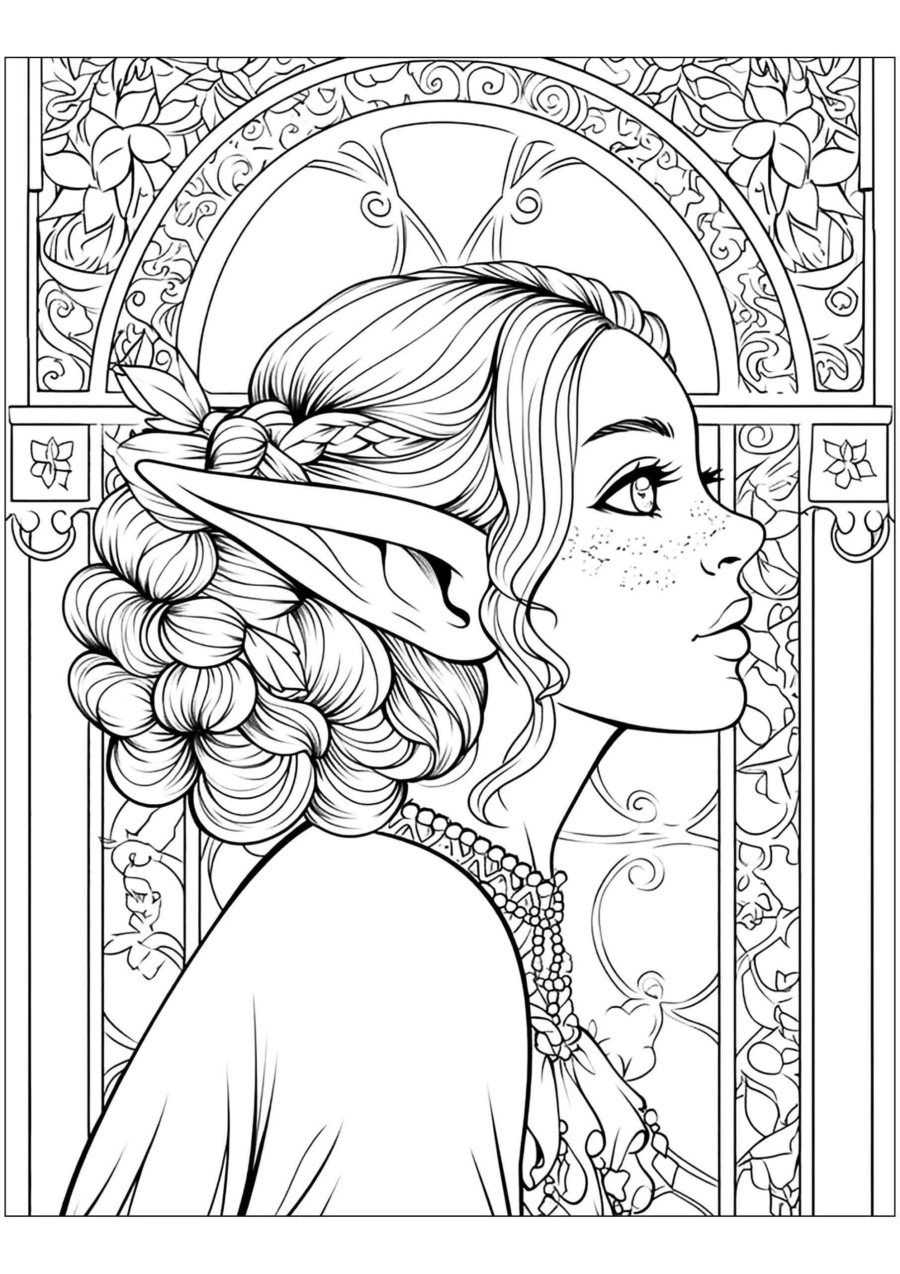 Drawing Of An Elf In Art Nouveau Style Art Nouveau Coloring Pages For Adults