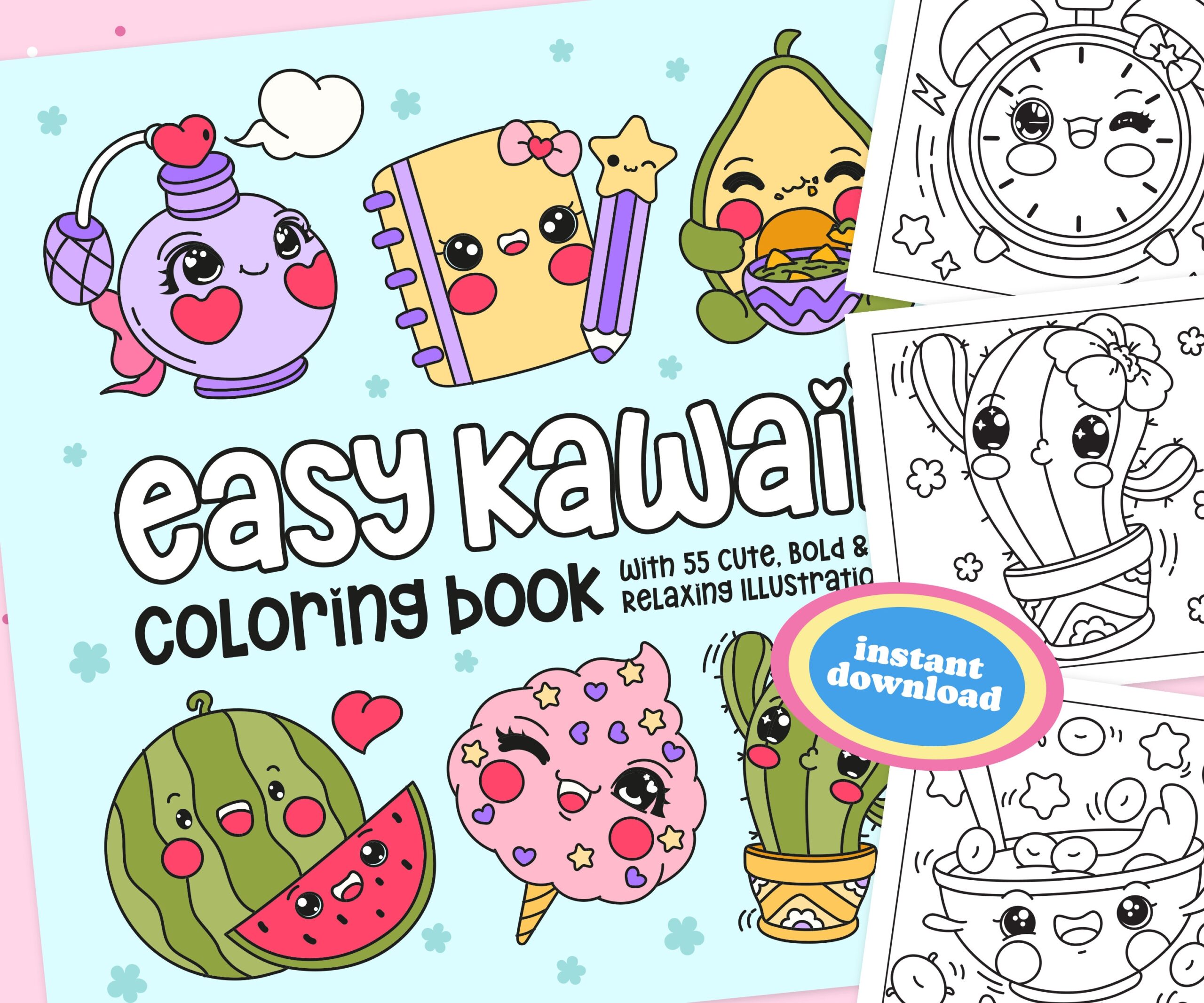 Easy Bold Cute Kawaii Coloring Book Printable Instant Digital Download PDF 55 Colorable Pages With Adorable Animals Characters Food Etsy