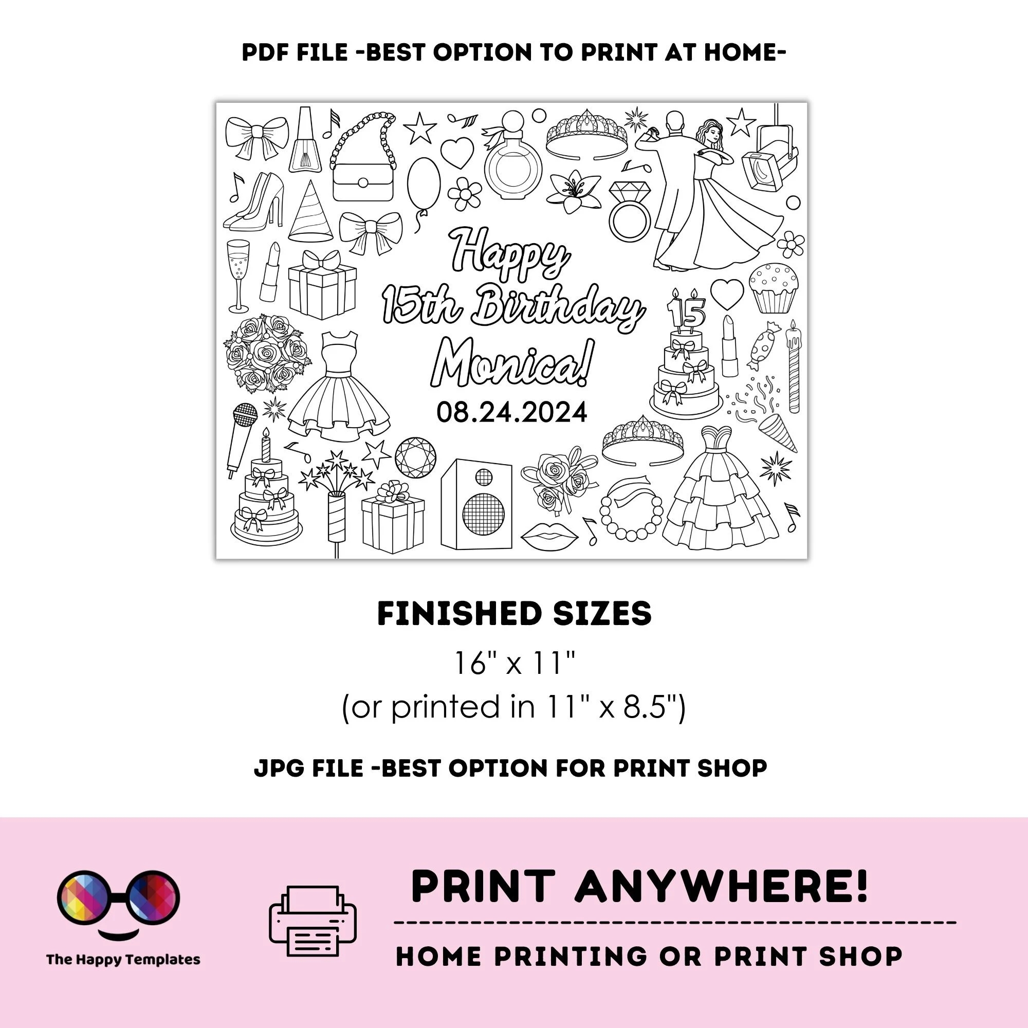 Editable 15th Birthday Coloring Page Sweet 15 Party Quinceanera Coloring Page Quincea era Coloring Placemat Edit Online Etsy New Zealand