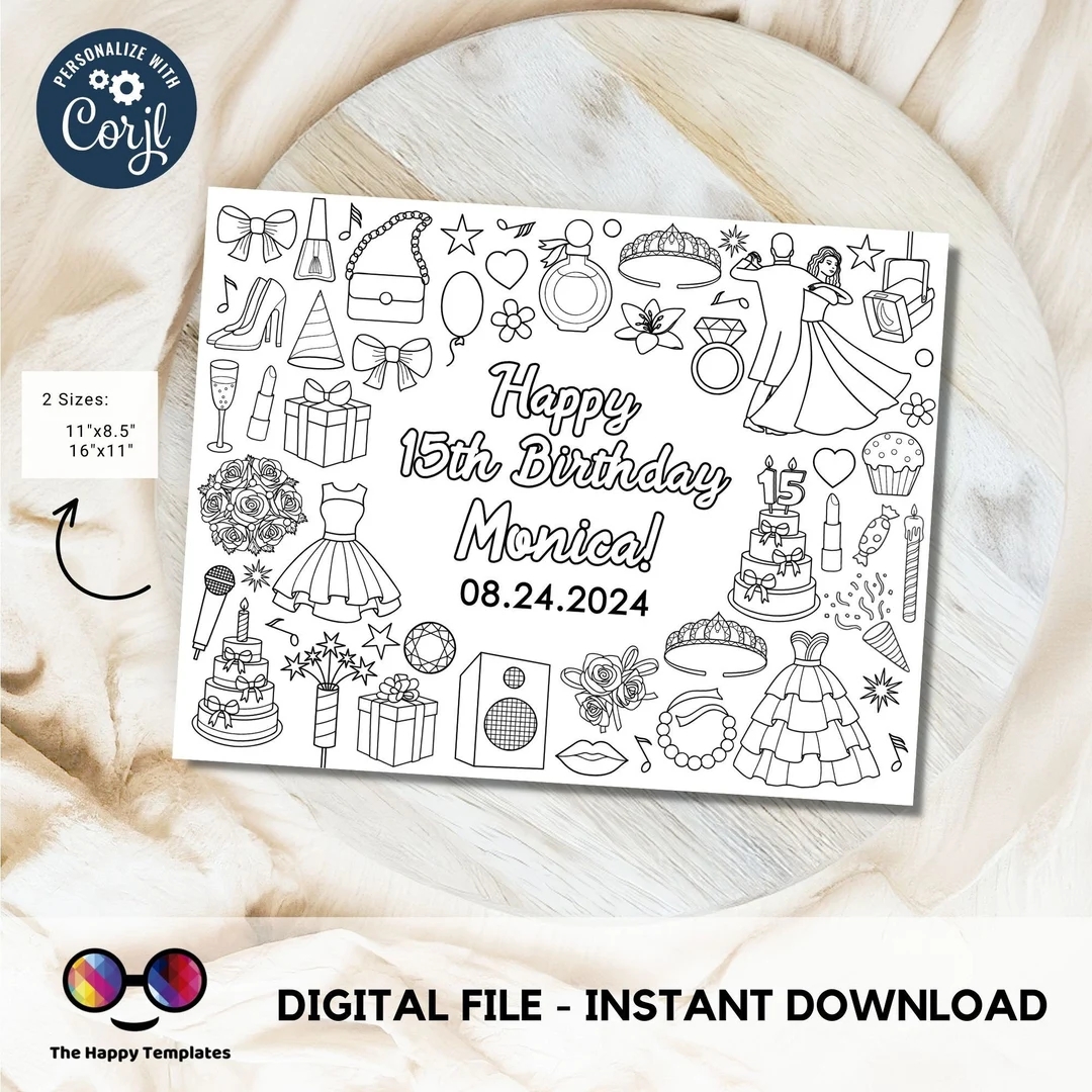 Editable 15th Birthday Coloring Page Sweet 15 Party Quinceanera Coloring Page Quincea era Coloring Placemat Edit Online Etsy New Zealand