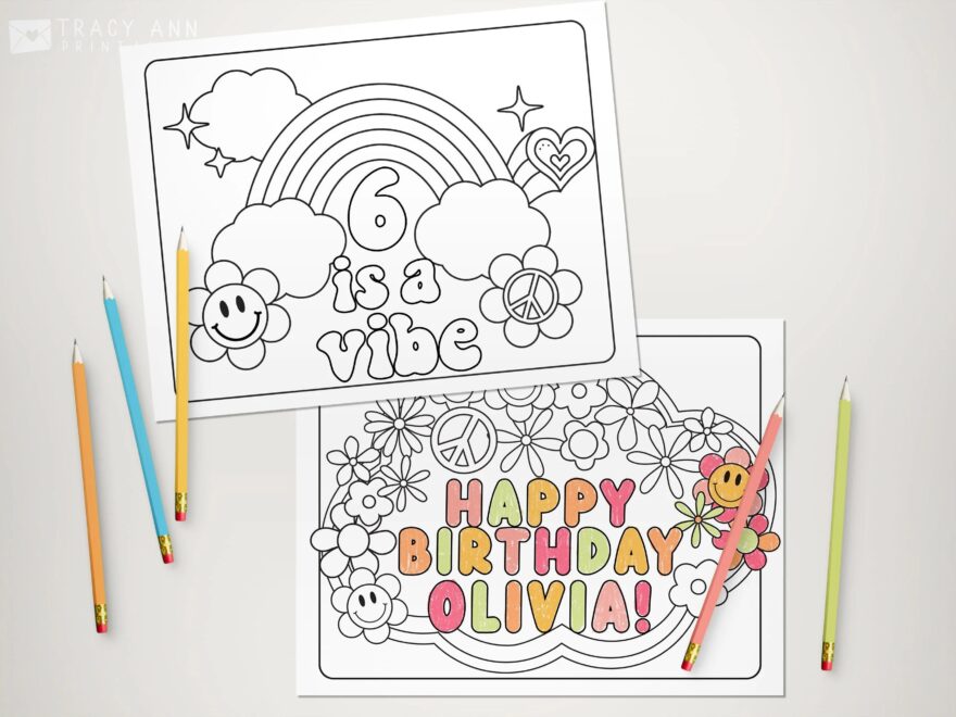 Editable Coloring Pages Printable Retro Groovy Birthday Coloring Sheets Birthday Game Party Game Activity Etsy