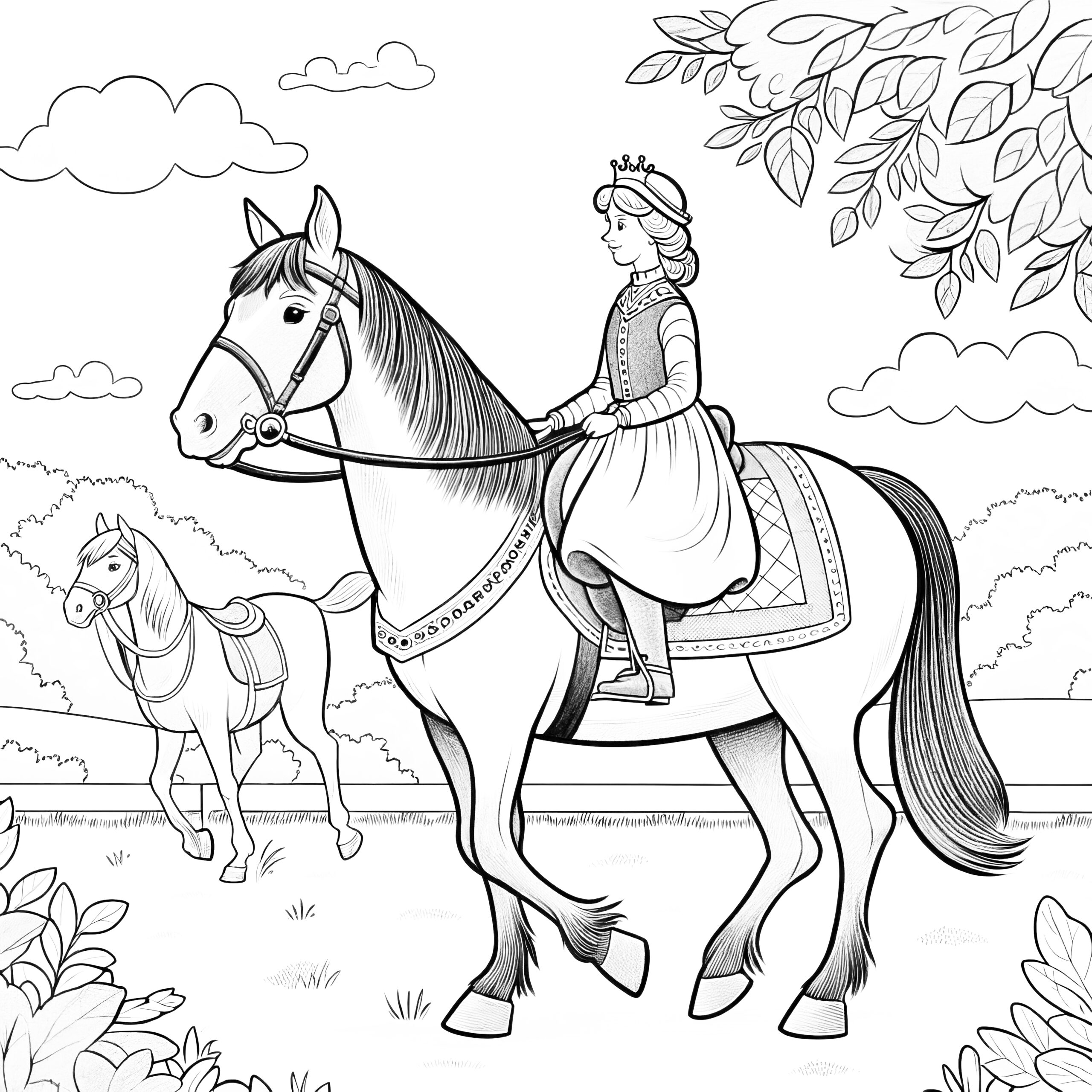 Elegant Princess On A Big Horse Coloring Picture For Download