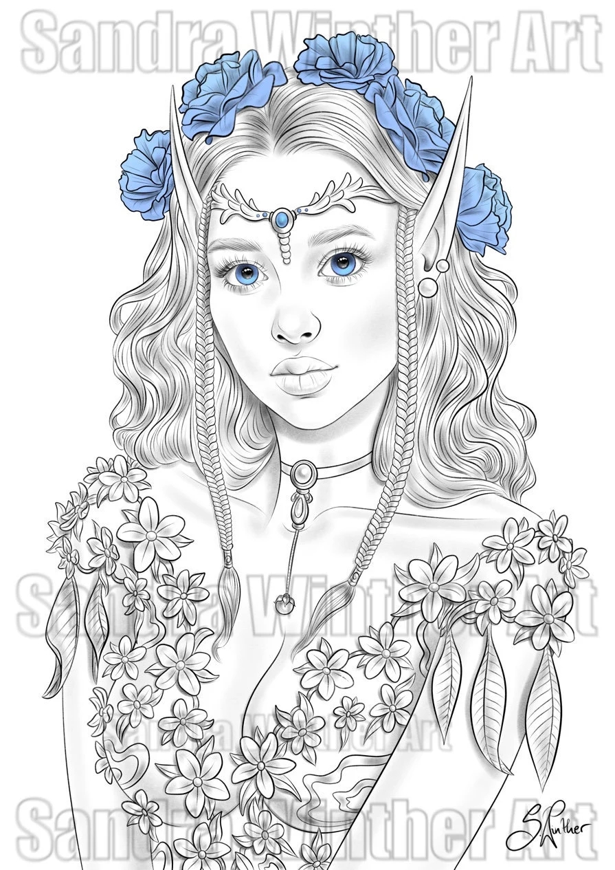 Elf Princess Printable Digital Coloring Page Etsy