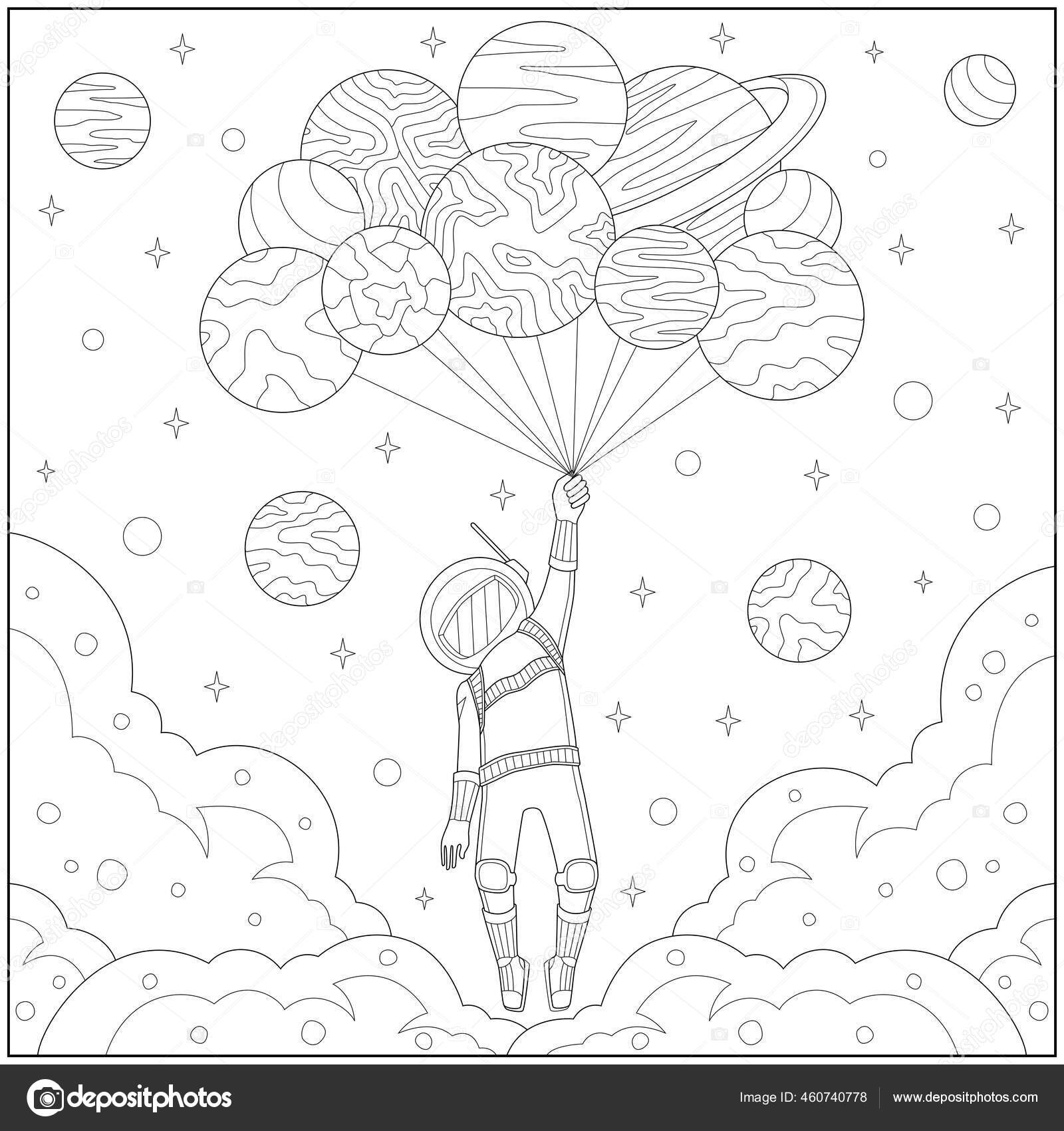 Fantasy Astronout Flying Sky Planet Balloon Learning Education Coloring Page Stock Vector By gurjigur 460740778