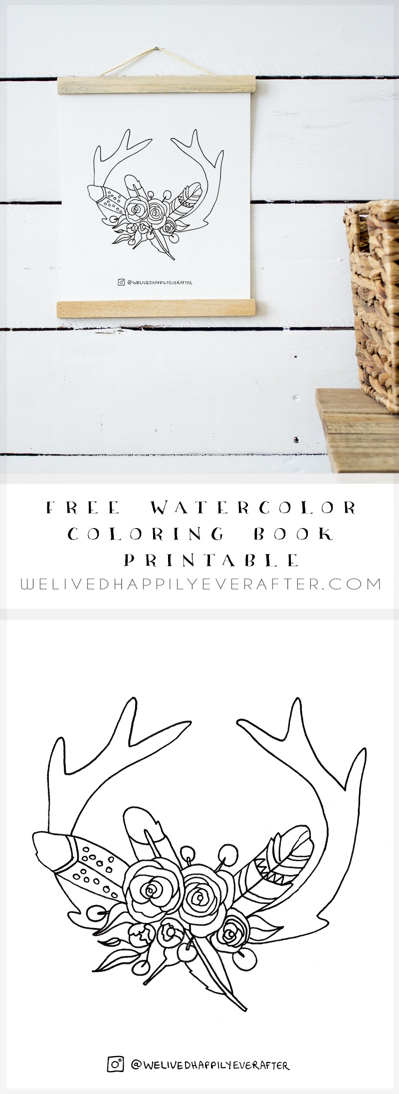 Feathers And Flowers Antler Coloring Book Art Free Adult Coloring Book Watercolor Printable We Lived Happily Ever After