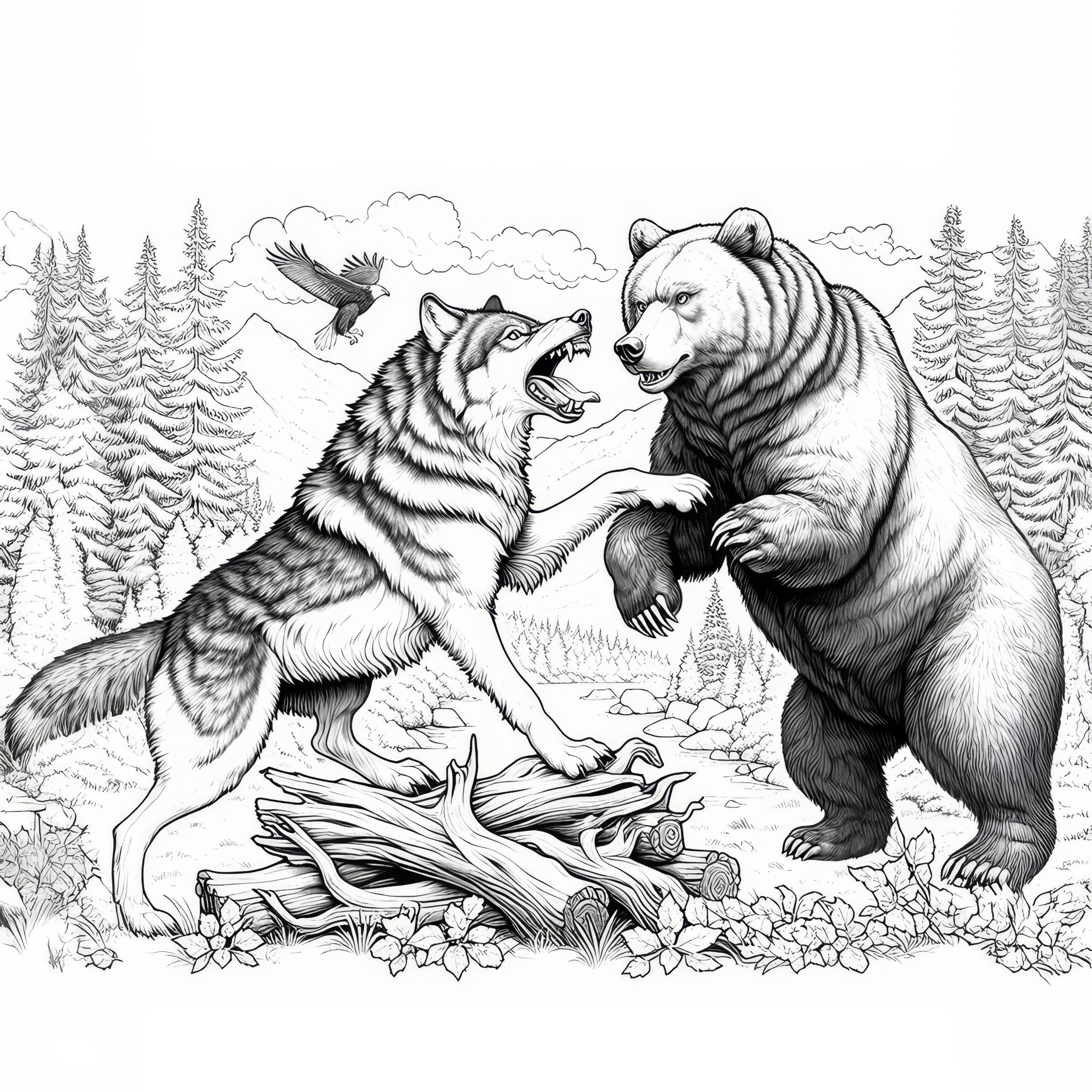 Fighting Wolf And A Bear In A Wild Scene Free Coloring Template