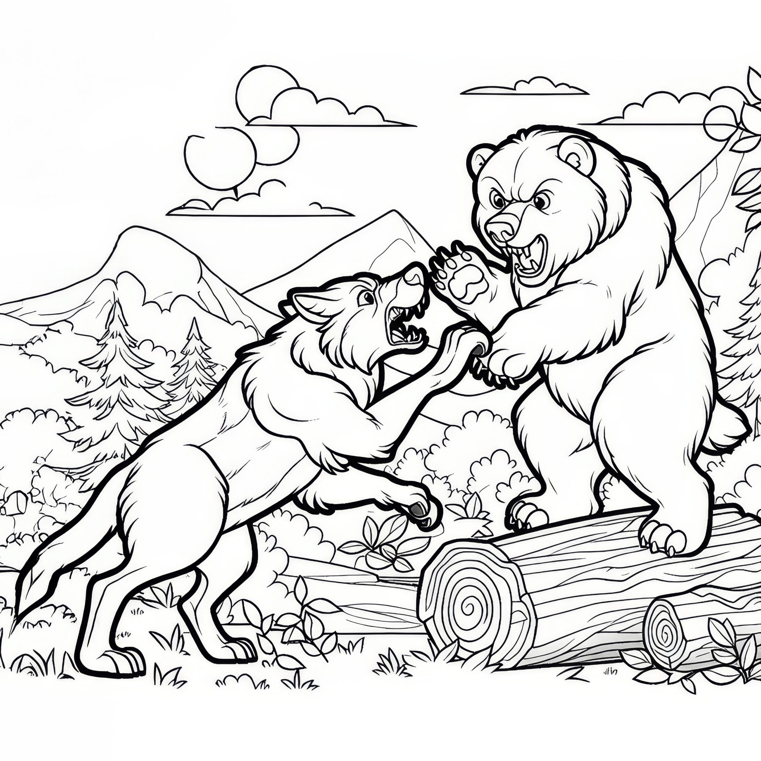 Fighting Wolf And A Bear In A Wild Scene Simple Coloring Page Free 