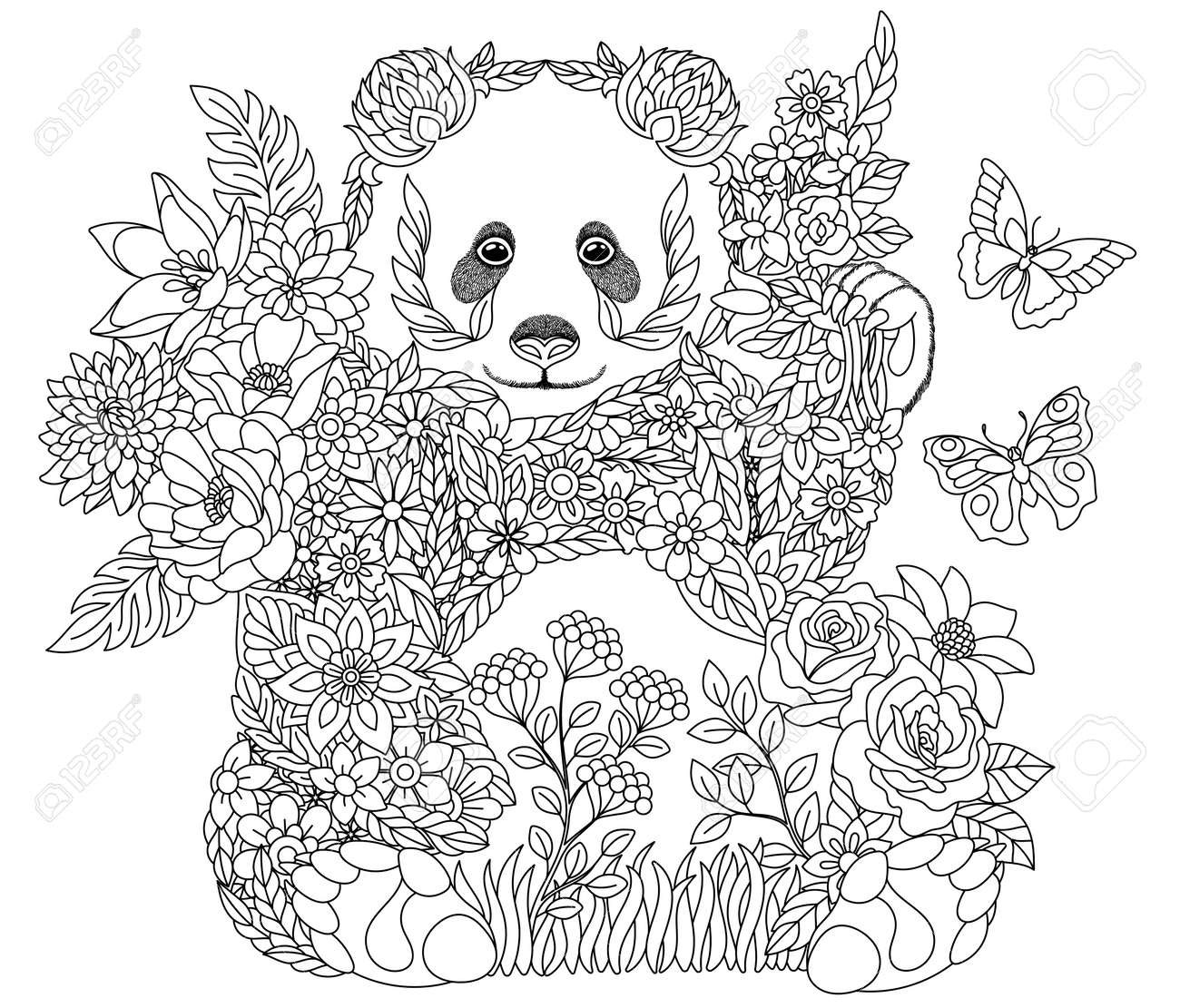 Floral Adult Coloring Book Page Fairy Tale Panda Bear Ethereal Animal Consisting Of Flowers Leaves And Butterflies Royalty Free SVG Cliparts Vectors And Stock Illustration Image 185210297 