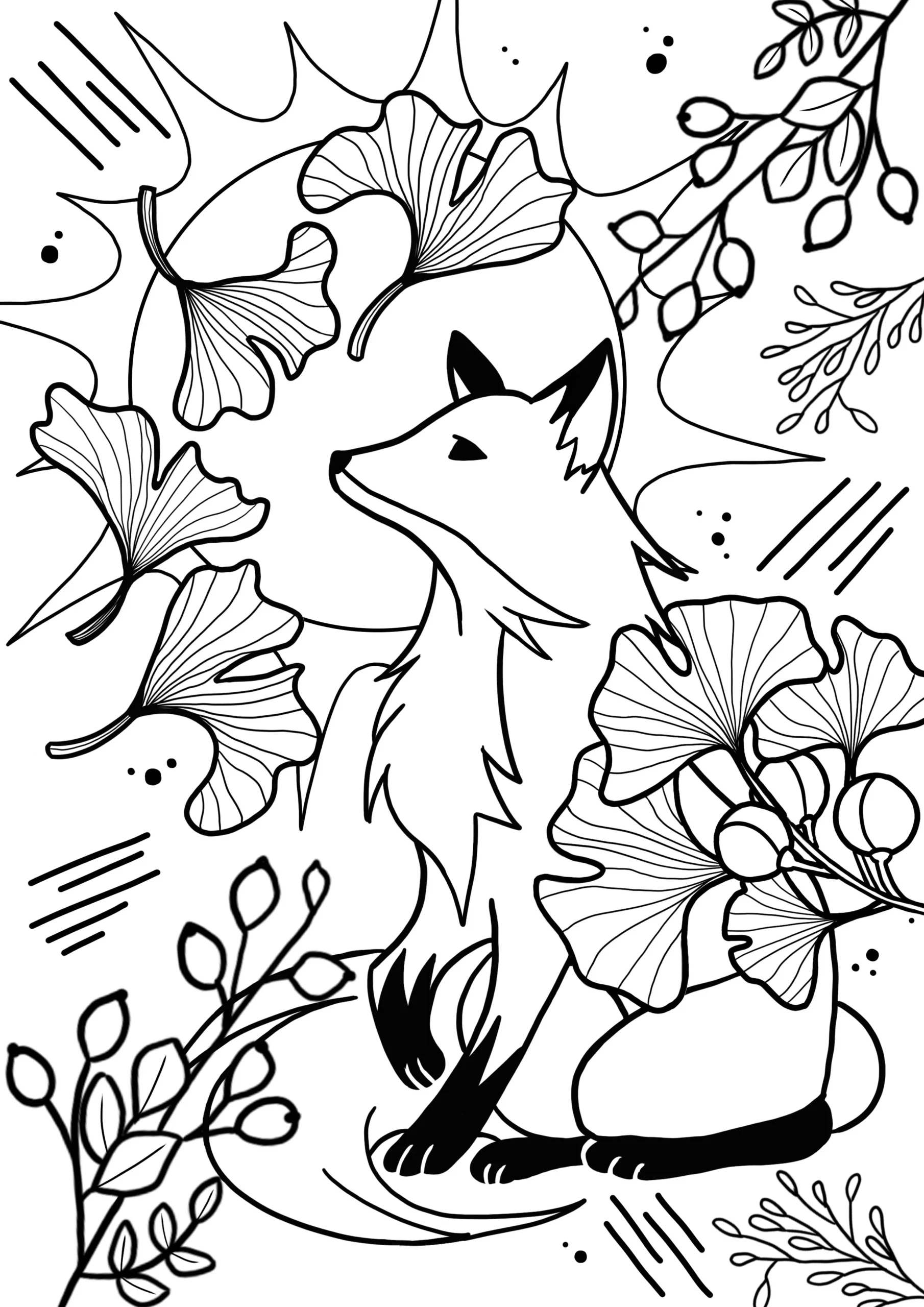 Fox Surrounded By Plant And Abstract Motifs Fox Coloring Pages For Adults