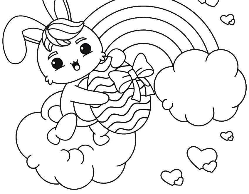 Free Printable Coloring Page Easter Bunny In Front Of A Rainbow