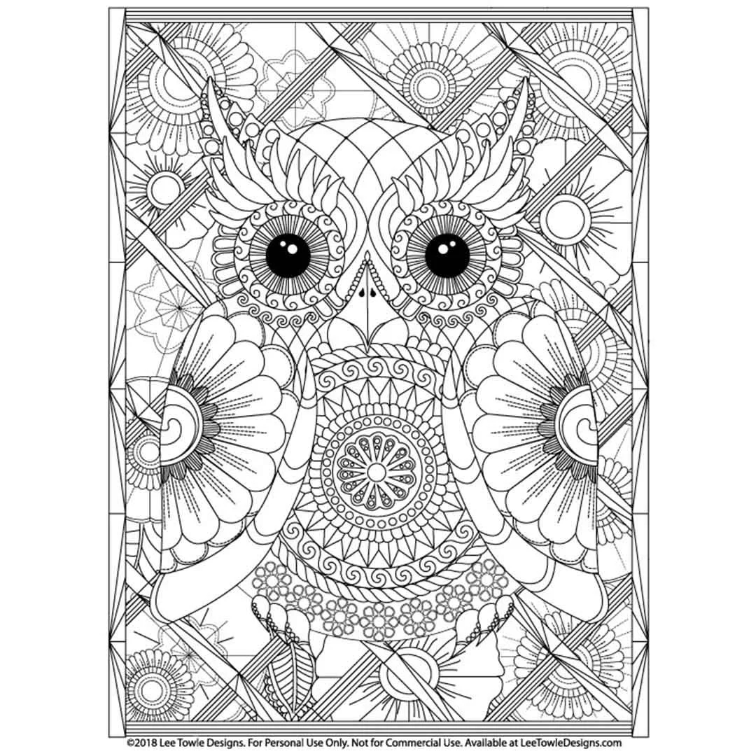 Fun Zen Owl Advanced Coloring Page For Adults Free Coloring Page Lee Towle Designs