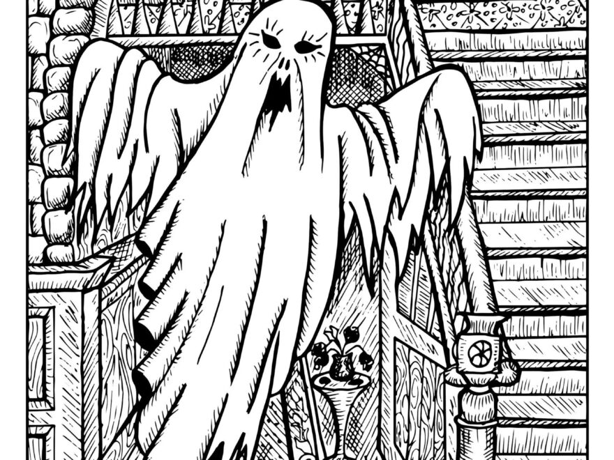 Ghost In A Haunted House Halloween Coloring Pages For Adults