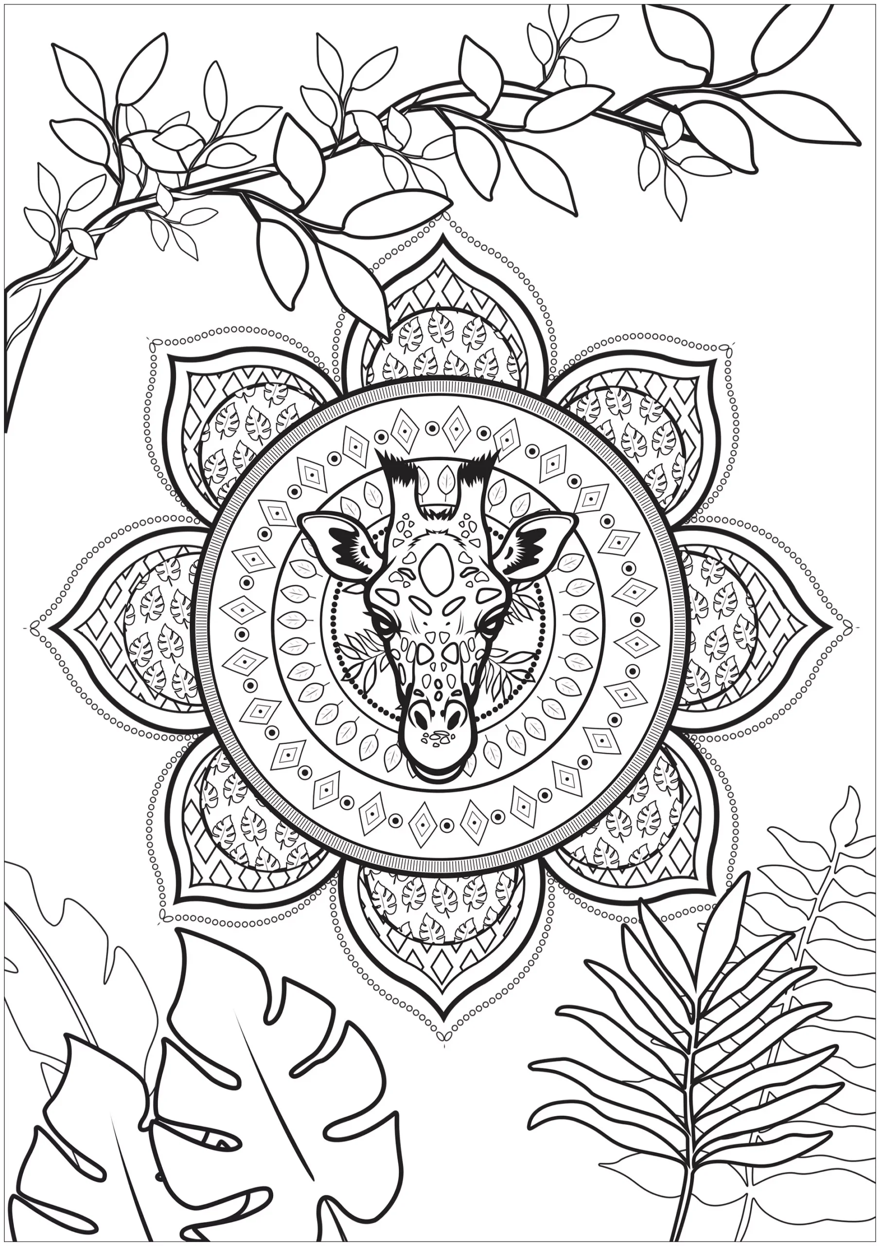 Giraffe Embedded In A Tropical Mandala Giraffes Coloring Pages For Adults