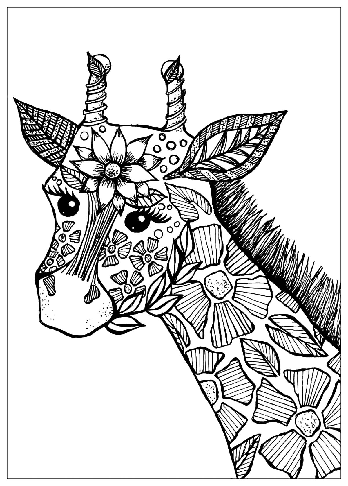 Giraffe Head With Flowers Giraffes Coloring Pages For Adults Giraffe Head With Flowers Giraffes Coloring Pages For Adults