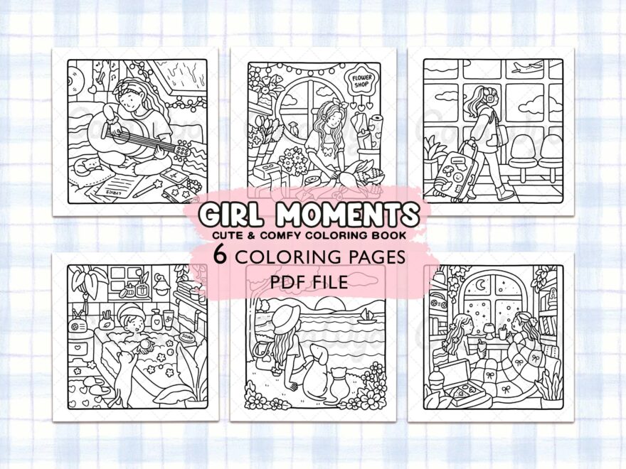 Girl Moments Cute Cozy Daily Activities For Relaxation Coloring Book Etsy