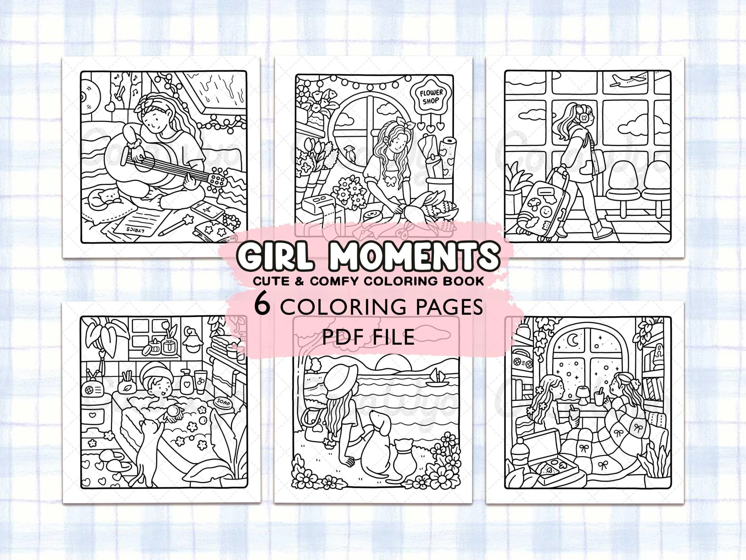 Girl Moments Cute Cozy Daily Activities For Relaxation Coloring Book Etsy