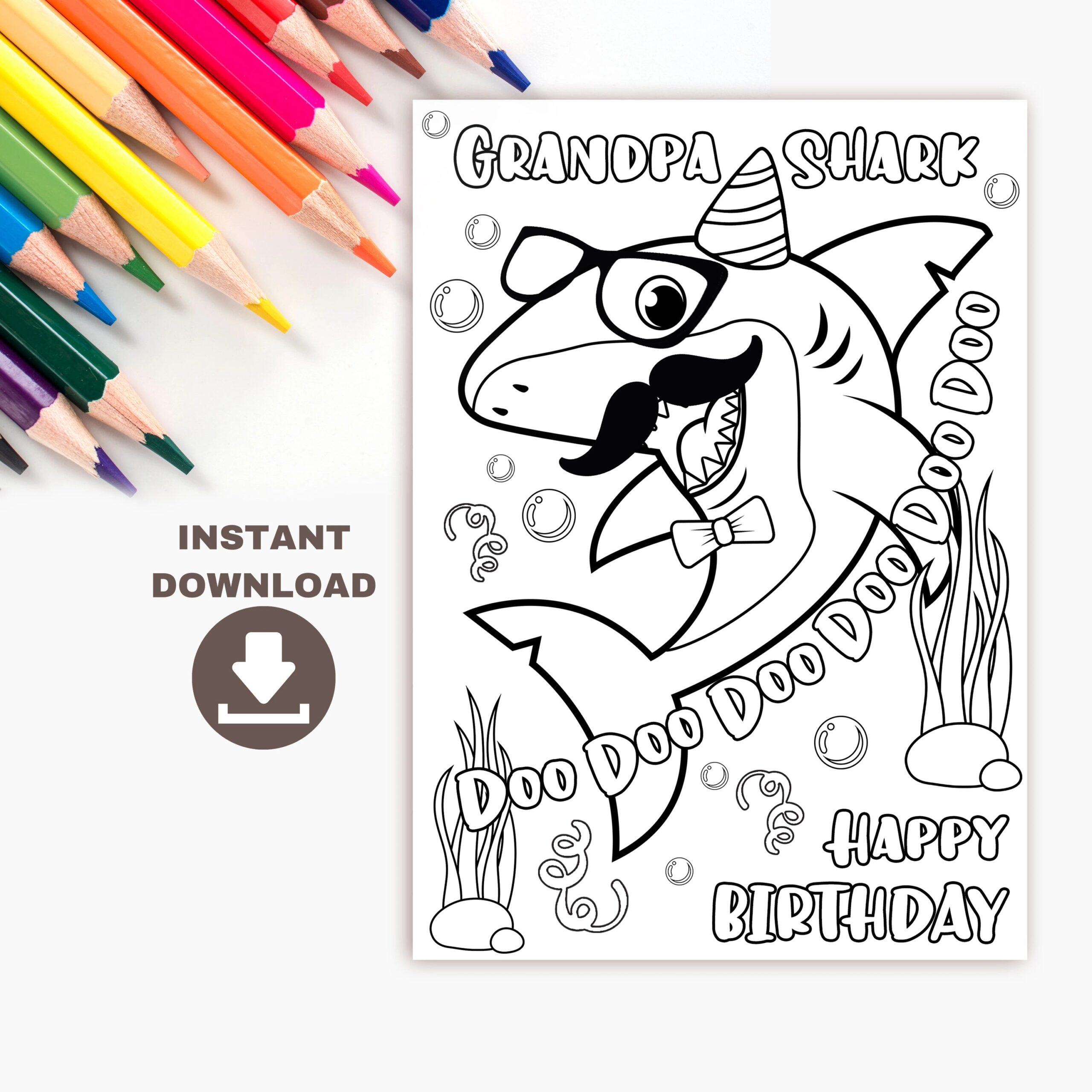 Grandpa Shark Printable Birthday Coloring Card For Kids Funny Birthday Card For Grandpa Printable Coloring Page For Grandfather Birthday Etsy