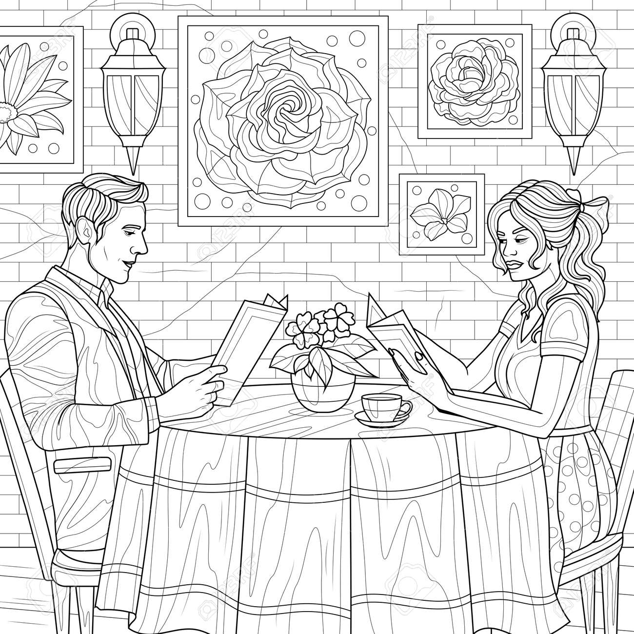Guy And Girl In A Restaurant Coloring Book Antistress For Children And Adults Royalty Free SVG Cliparts Vectors And Stock Illustration Image 181589901 Guy And Girl In A Restaurant Coloring Book Antistress For Children And Adults Royalty Free SVG Cliparts Vectors And Stock Illustration Image 181589901