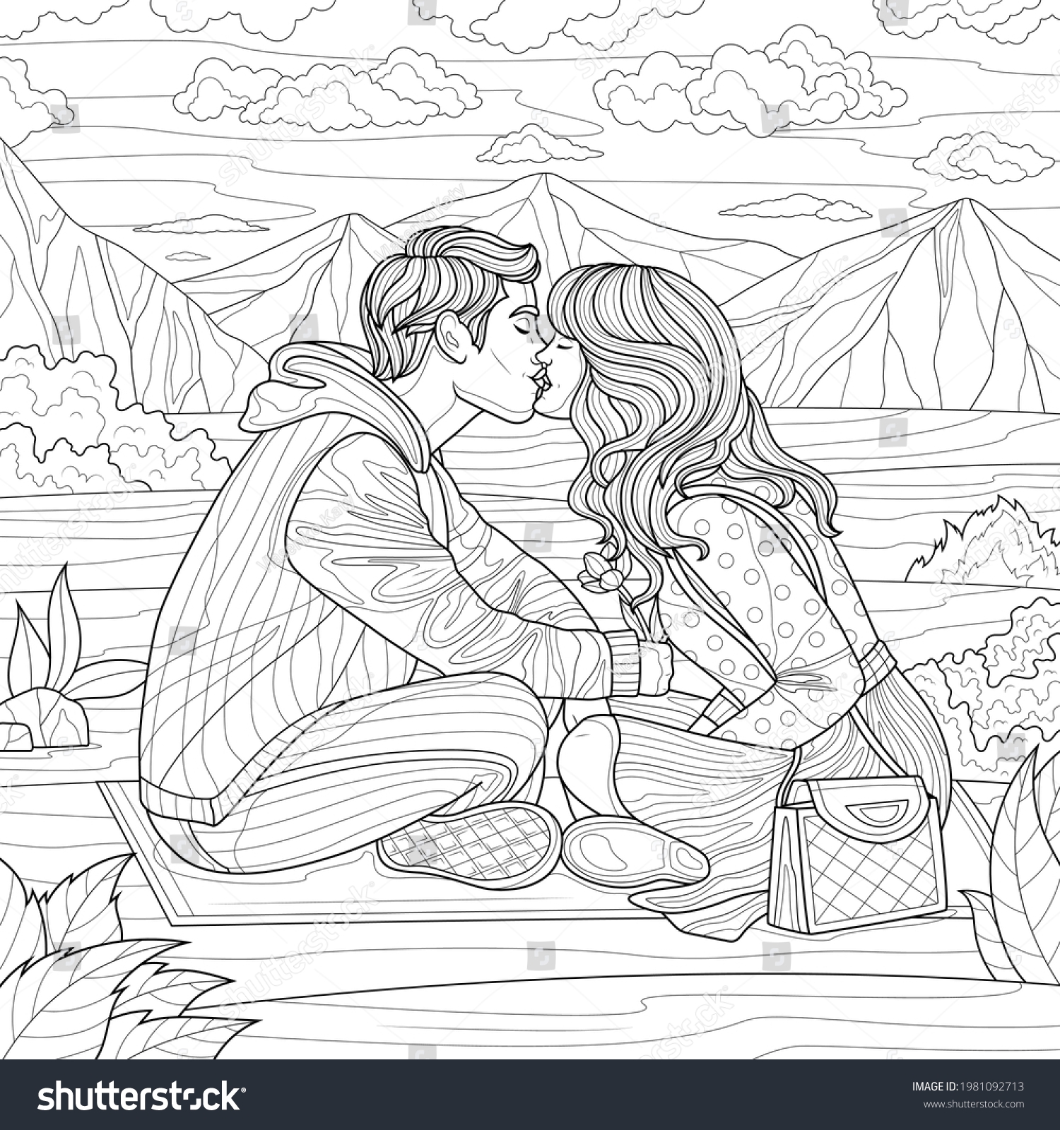 Guy Girl Kiss Near Mountainscoloring Book Stock Vector Royalty Free 1981092713 Shutterstock Guy Girl Kiss Near Mountainscoloring Book Stock Vector Royalty Free 1981092713 Shutterstock