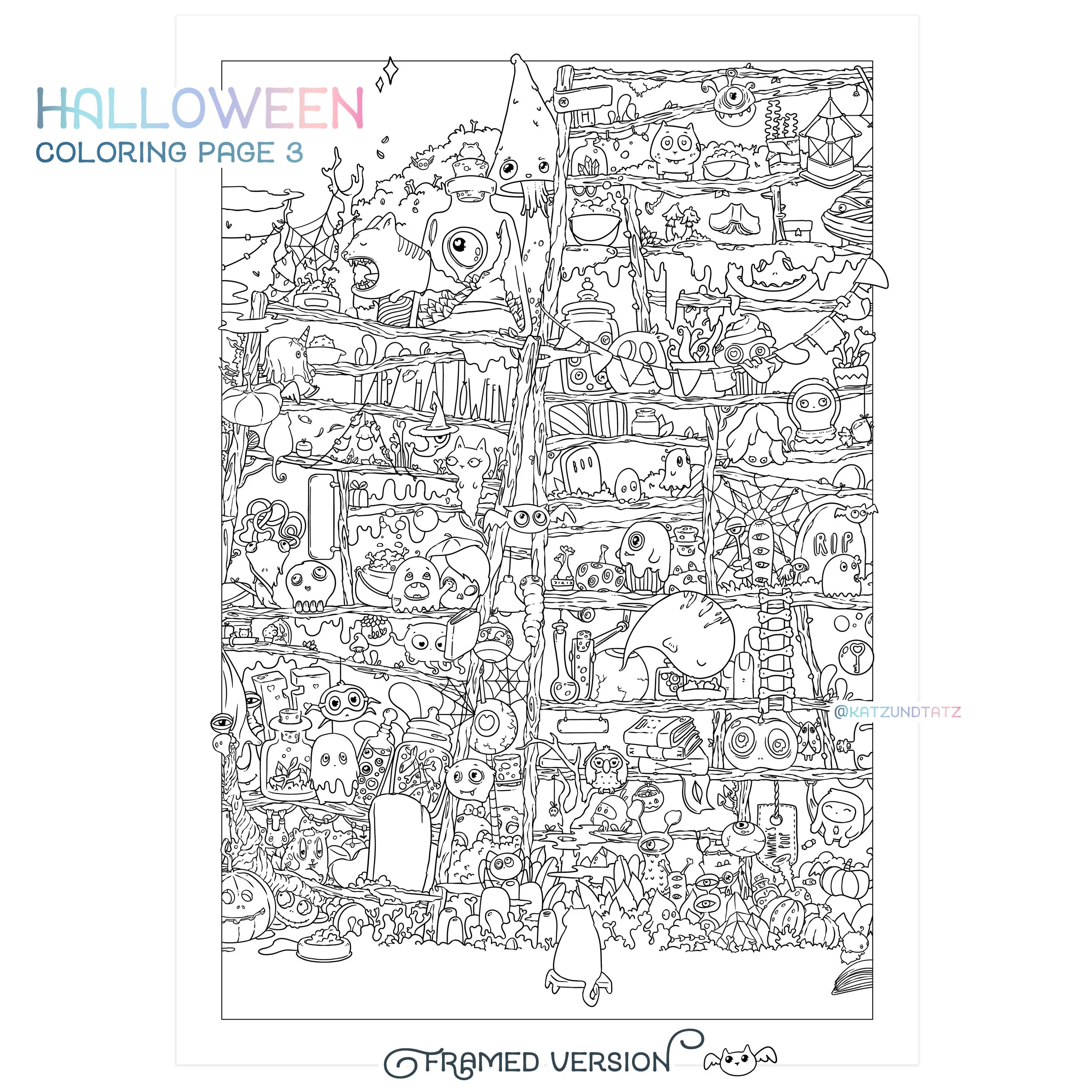 Halloween Coloring Page Cute Autumn Doodle Digital Download Pdf Printable Mushroom Potion Cat Skull Adult Coloring Page By Jen Katz Etsy