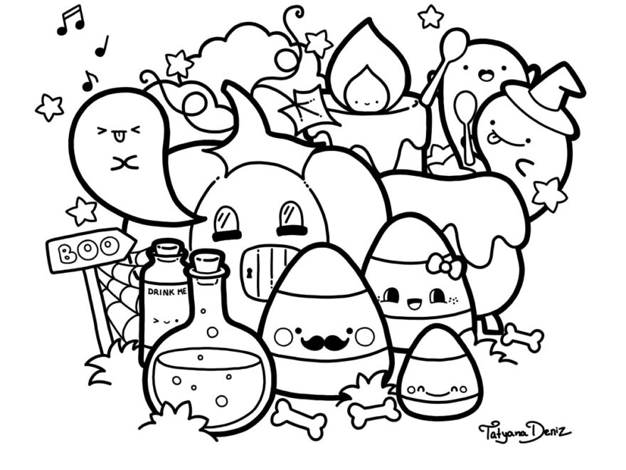 Halloween Coloring Page Kawaii Doodle Style FREE Printable PDF