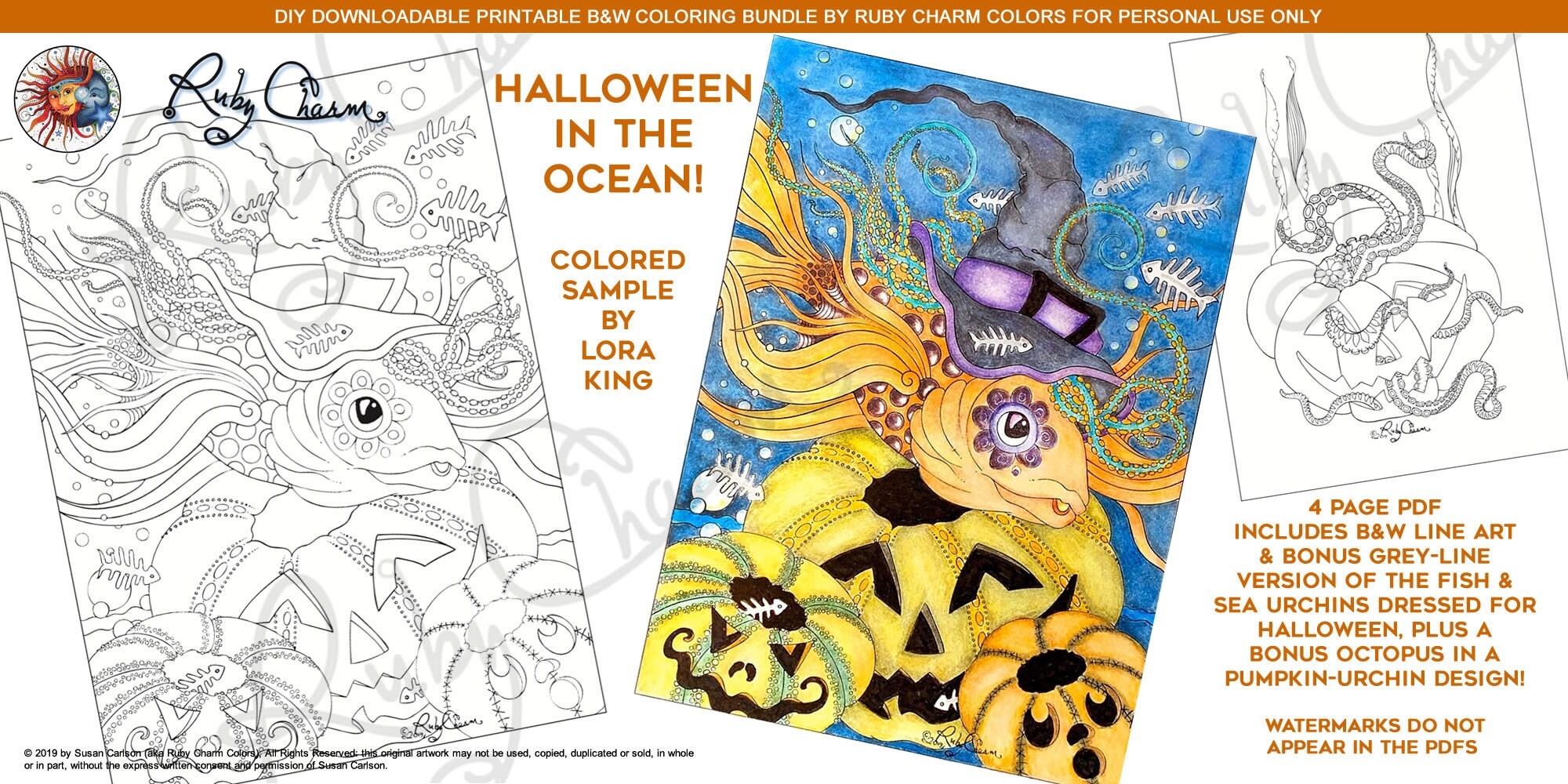Halloween In The Ocean Downloadable PDF By Ruby Charm Colors To Print Color Adult Coloring Page Fish Witch Bone Fish Pumpkin Urchins Etsy