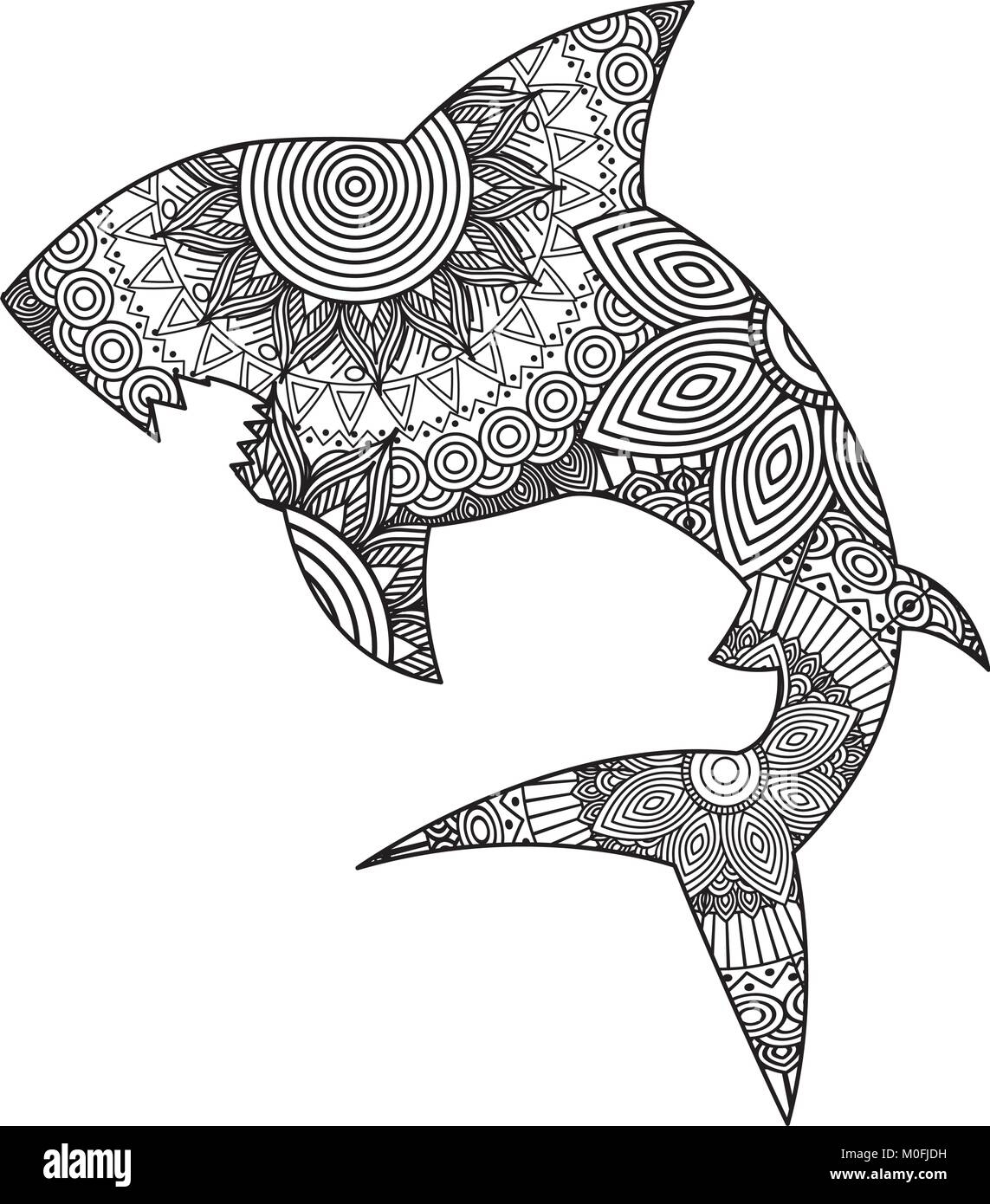 Hand Drawn For Adult Coloring Pages With Shark Zentangle Monochrome Sketch Stock Vector Image Art Alamy