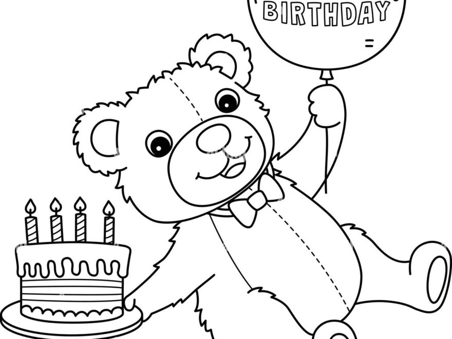 Happy Birthday Teddy Bear Isolated Coloring Page Stock Vector Image Art Alamy