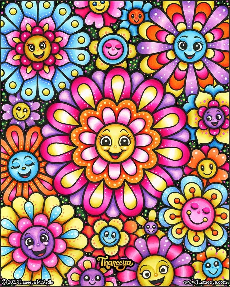 Happy Flowers Coloring Pages Cute Kawaii Flowers For Easy Large Print Coloring Art Is Fun