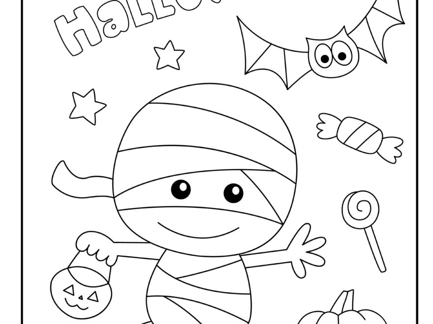 Happy Halloween Coloring Page For Kids Cute Mummy Bat Pumpkin Digital Download EPS Vector And JPG File Toddler Fun Activity Etsy