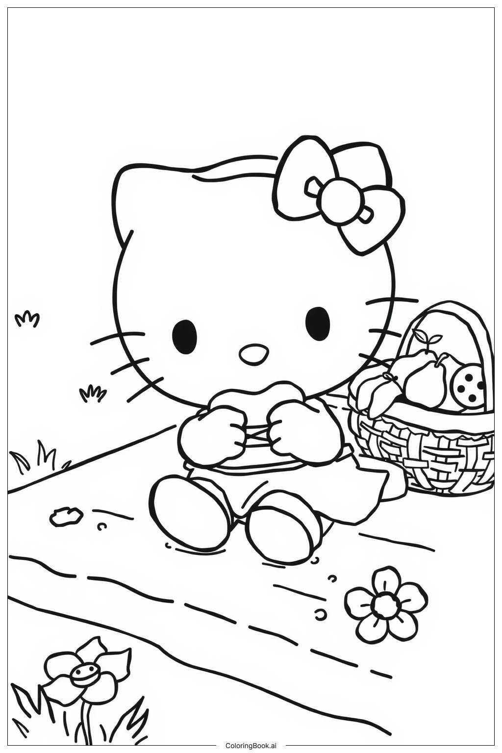 Hello Kitty Going On A Summer Picnic Coloring Page Free PDF PNG Printable 