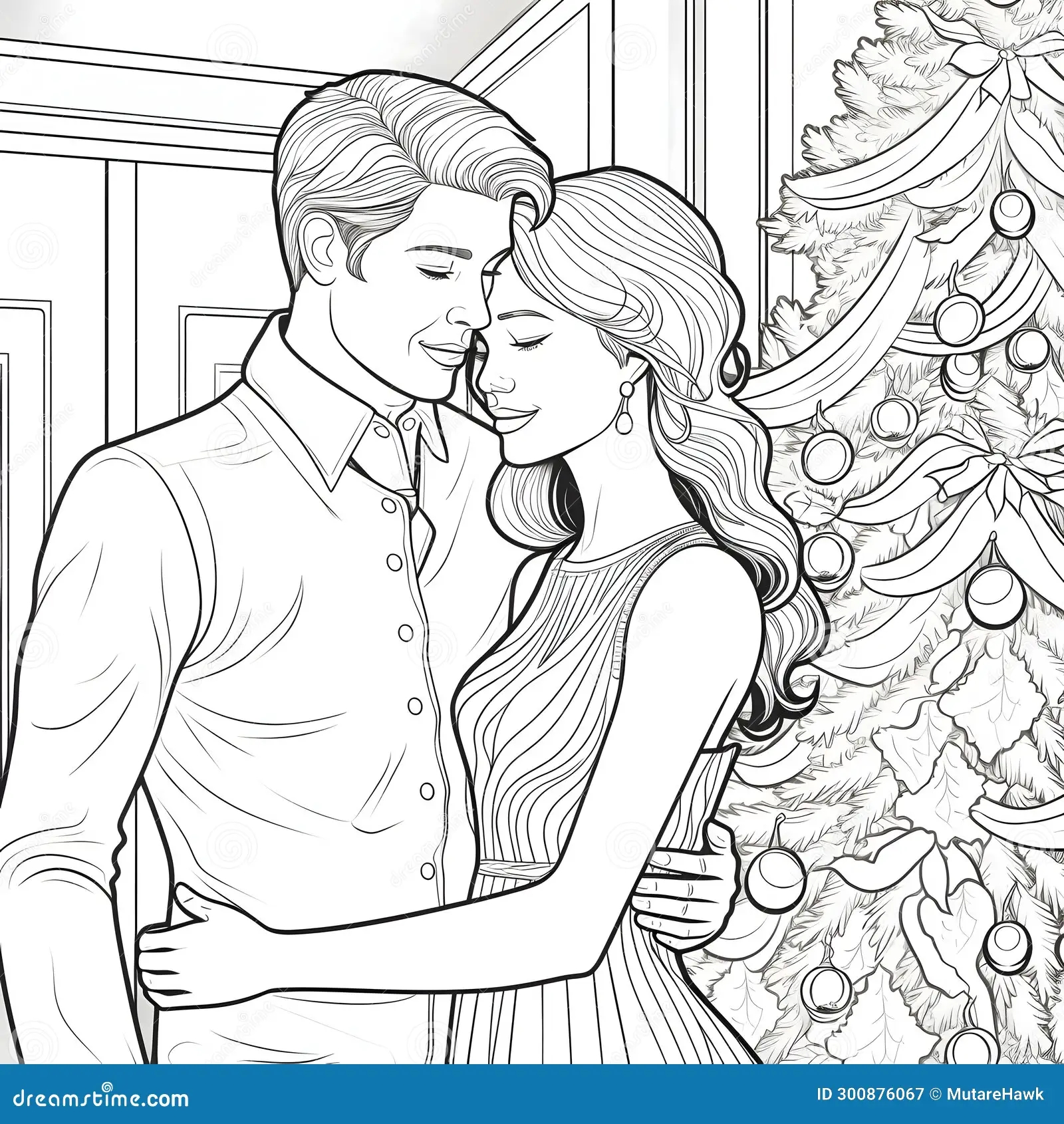 Hugging Couple On The Background Of A Christmas Tree Black And White Coloring Sheet Stock Vector Illustration Of Xmas Mother 300876067