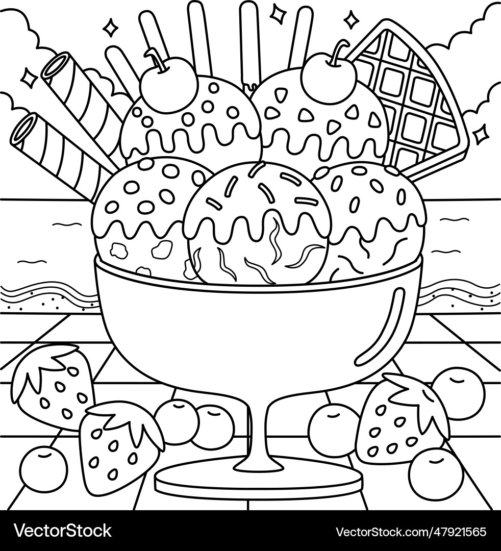 Ice Cream On The Beach Summer Coloring Page Vector Image