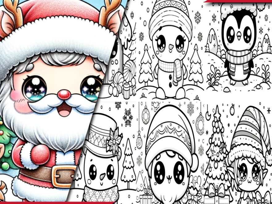 Kawaii Christmas Coloring Pages Adults And Children Cute Kawaii Coloring Christmas Pages Digital Download Printable Pages Etsy