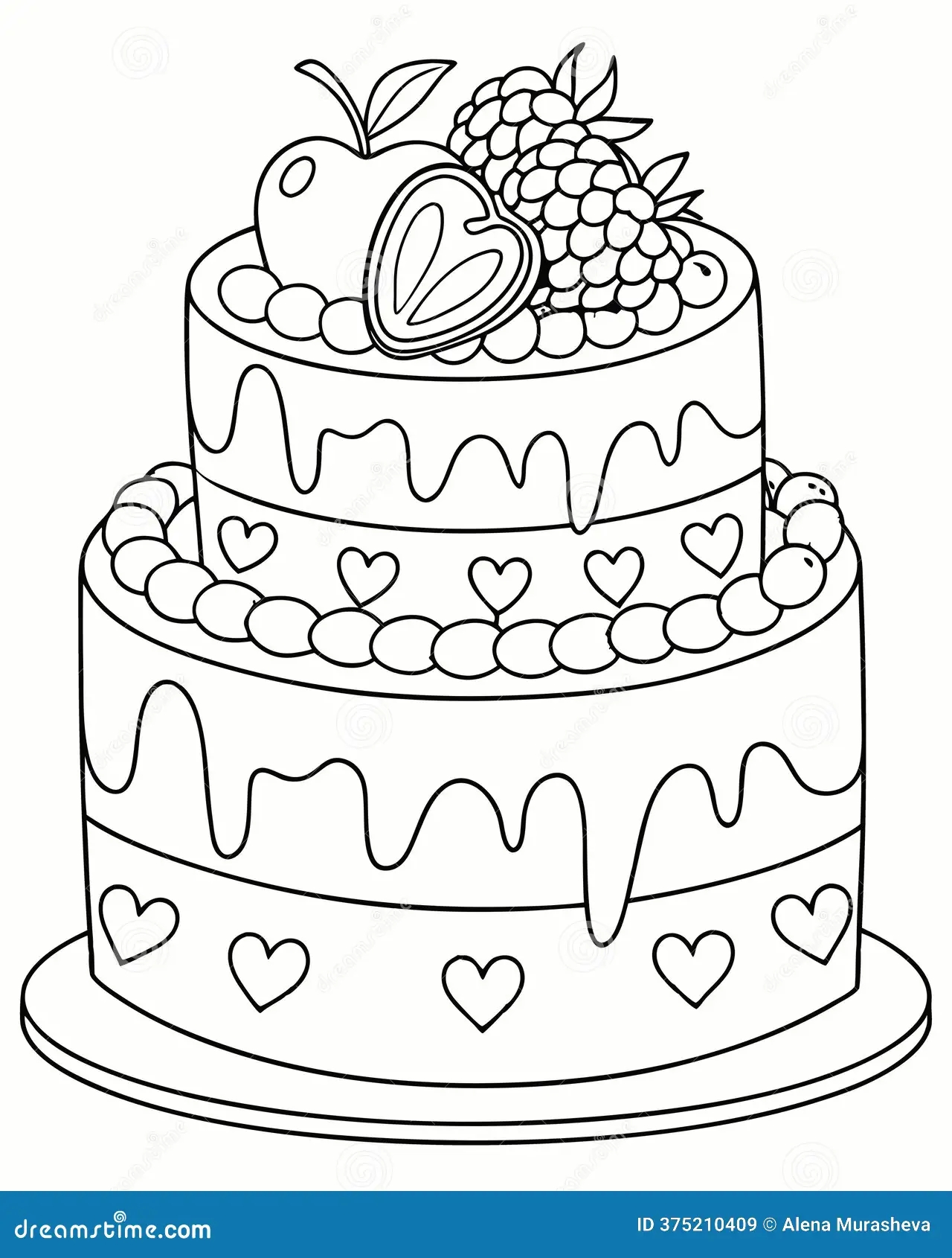 Layered Birthday Cake With Fruits And Hearts Coloring Page Stock Image Image Of Cake Coloring 375210409