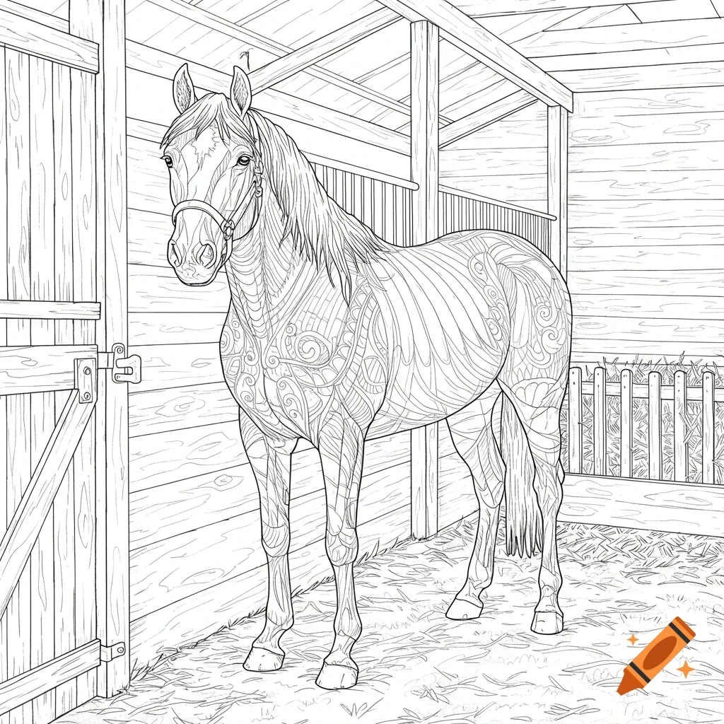 Line Drawing Of A Horse In A Stable Stall Designed As A Coloring Page On Craiyon