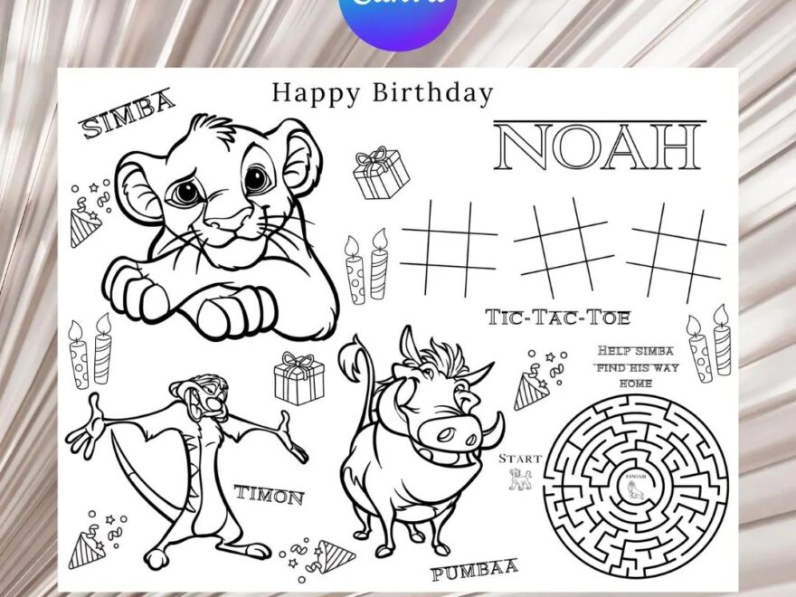 Lion King Simba Birthday Party Activity And Coloring Sheet Canva Template Etsy