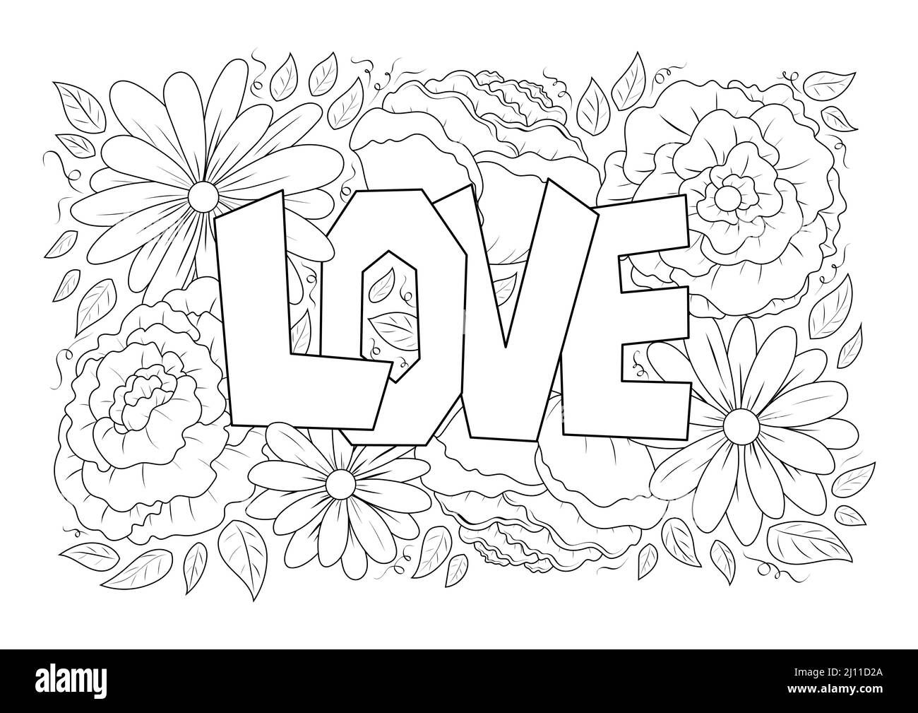 Love Word In Flowers Adult Antistress Coloring Page In Doodle Sketch Style Floral Pattern Colouring Sheet Isolated Vector Illustration Stock Vector Image Art Alamy