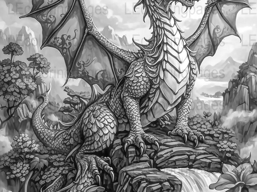 Majestic Dragon Coloring Page For Adults Fantasy Grayscale Digital Download Printable Intricate Mythical Creature Artwork Etsy