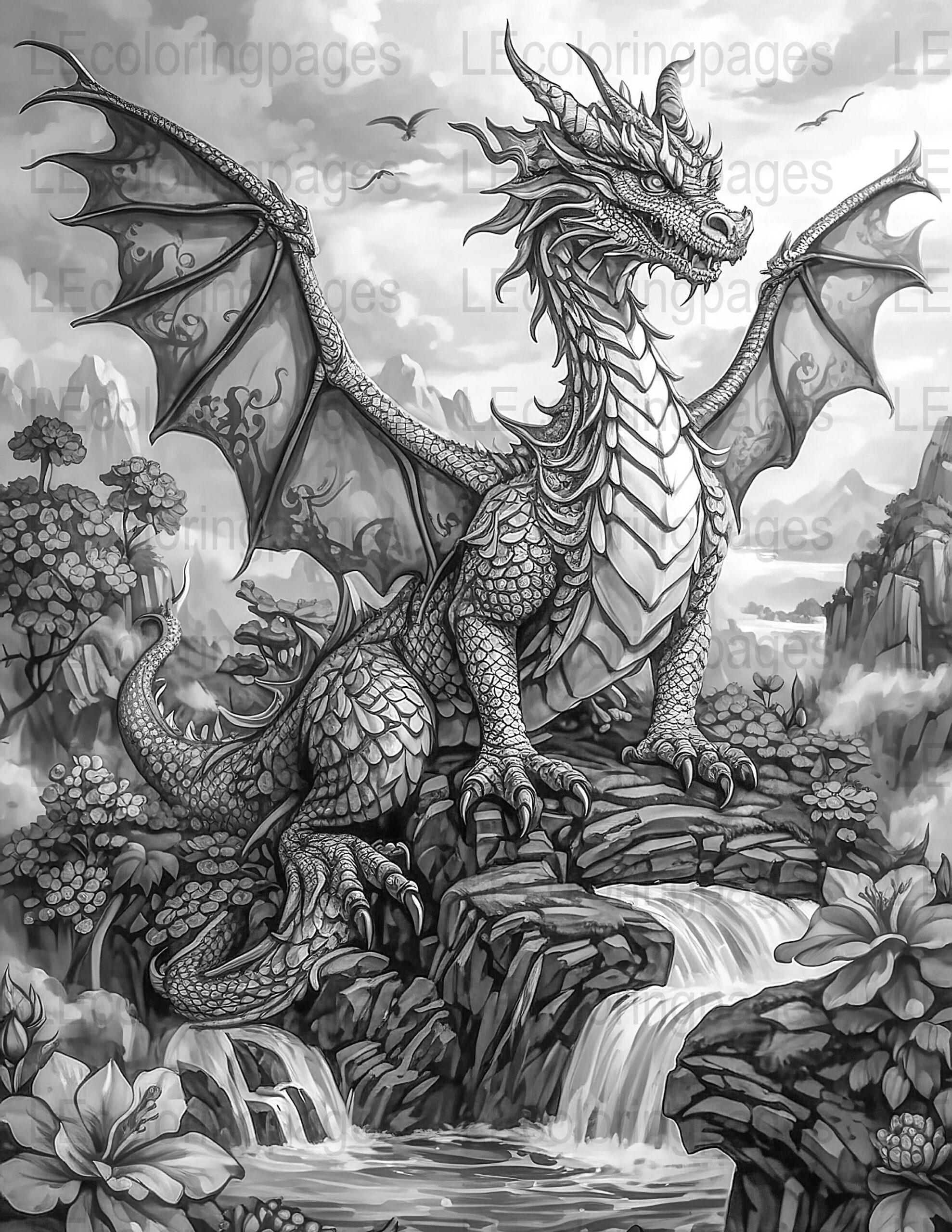 Majestic Dragon Coloring Page For Adults Fantasy Grayscale Digital Download Printable Intricate Mythical Creature Artwork Etsy