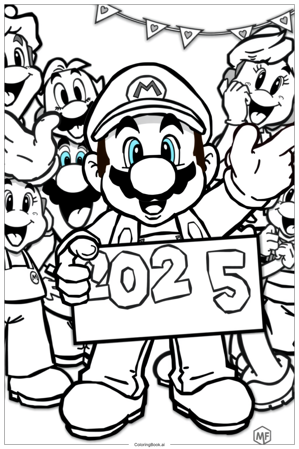 Mario Holding A 2025 Sign With Friends Coloring Page Free PDF PNG Printable Mario Holding A 2025 Sign With Friends Coloring Page Free PDF PNG Printable